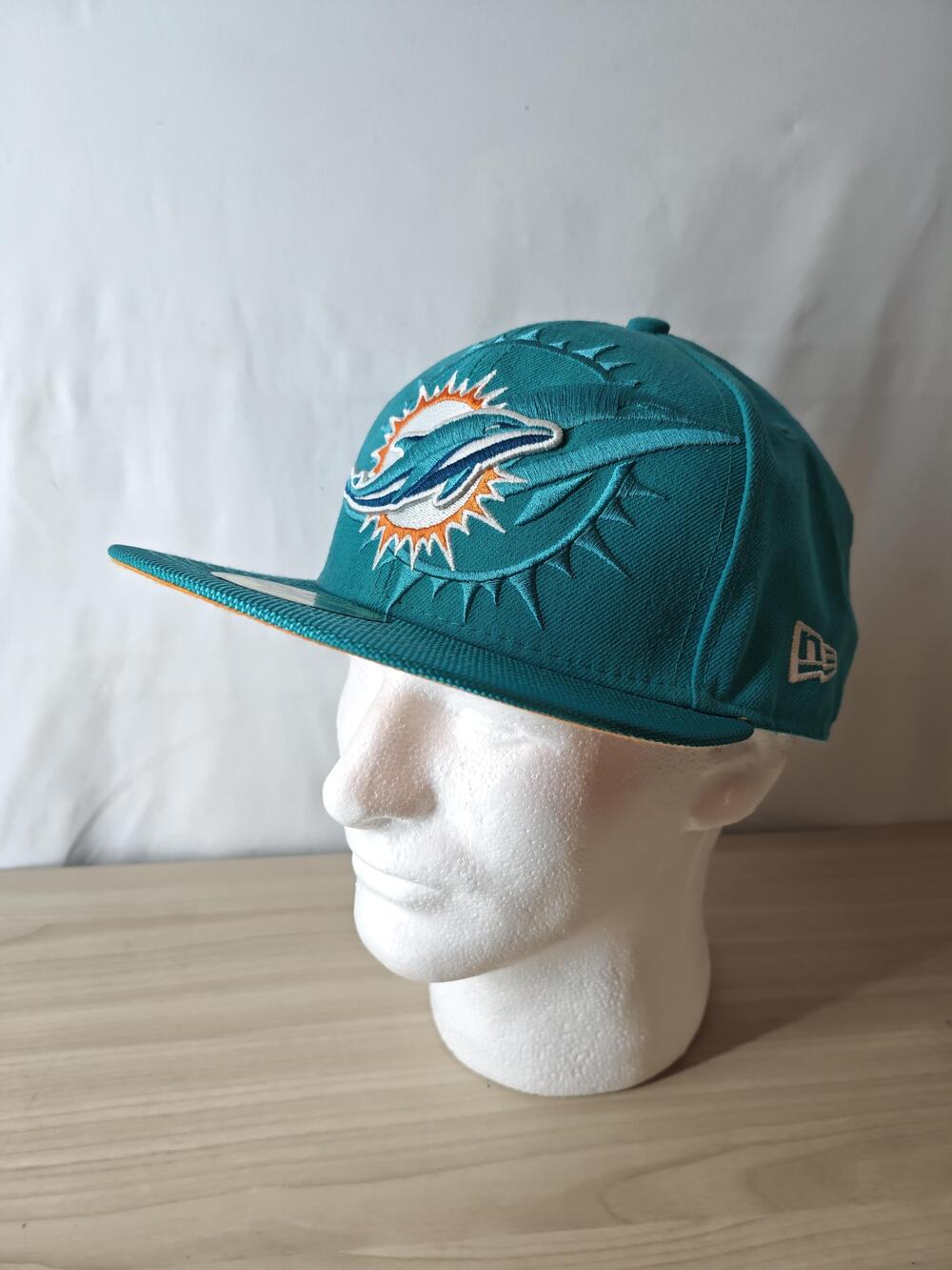 Miami Dolphins Hat Cap Fitted Mens 7 1/2 Teal Orange NFL Football New Era
